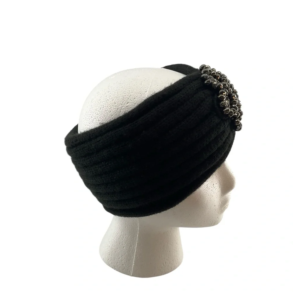 Stylish Black Knit Headband with Beaded Embellishment